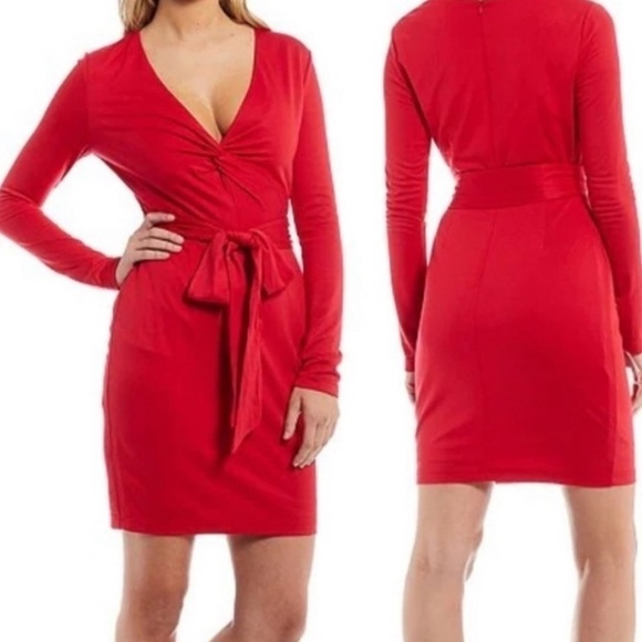 LDT Red Heidi Knot Front Plunge V-Neck Long Sleeve Jersey Dress SZ 6 NEW - Picture 1 of 7